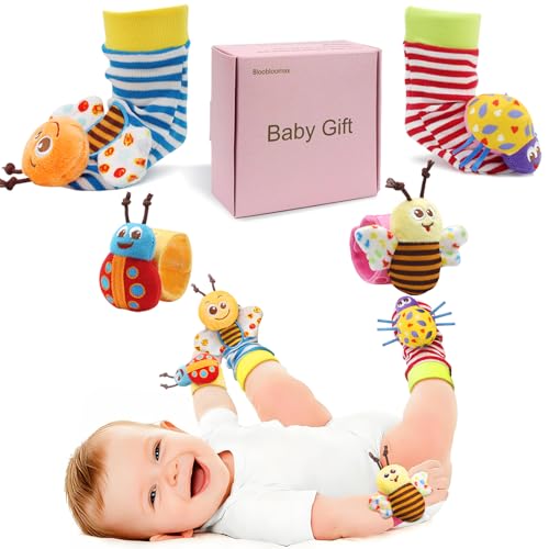 Image of Bloobloomax Baby Wrist Rattle Socks and Foot Finder Set for 0-24 Month, Infant Girl Boy Toys Newborn Hand & Foot Toys for 0 to 24 Months, Baby Shower Gifts Set with Wrist Rattle Socks (Pink Gift Box)