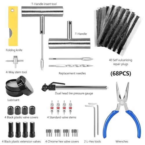 MUQIDA 68 PCS Tire Repair Kit, Heavy Duty Tire Repair Tool Set to Fix Punctures & Plug Flats, Universal Puncture Patch Kit for Car Motorcycle Truck Tractor ATV RV Trailer