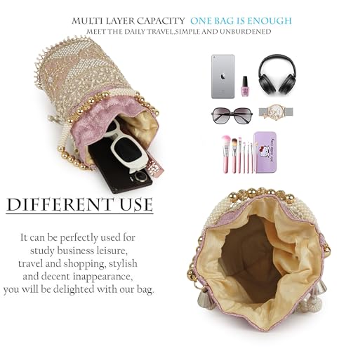 Image of Nevis Silk Fabric Luxury Pearl Embroidered Potli Bag for Women | Bridal Ethnic Drawstring Clutch with Beaded Handle Wedding | Potli Bag