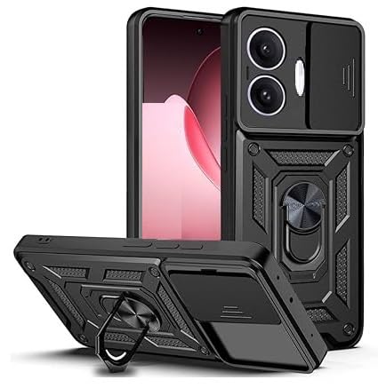 Image of SPAZY CASE Poco F7 5G Back Cover | Heavy Duty Hybrid Case with 360 Degree Rotating Finger Ring Holder + Slider Shutter Camera Protection Case for Poco F7 5G - Black