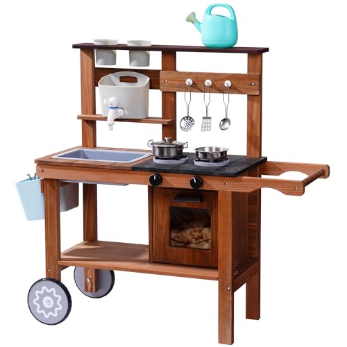 ROBOTIME Mud Kitchen for Kids Outdoor with Wheels, Fun Wooden Kid Kitchen Playset for Backyard Pretend Cooking, Outdoor Sink & Storage, Role Play Toy for Boys and Girls Ages 3+