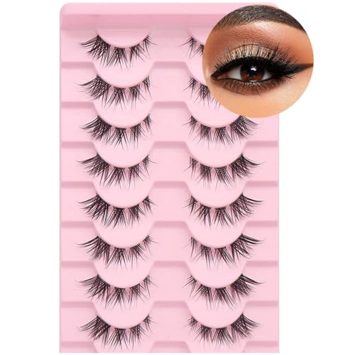 False Eyelashes Cluster Lashes Natural Look, Wispy Manga Eyelash Extensions Strip Cat Eye Lashes Pack with Clear Band Short Anime Korean Fake Eyelash 8 Pairs