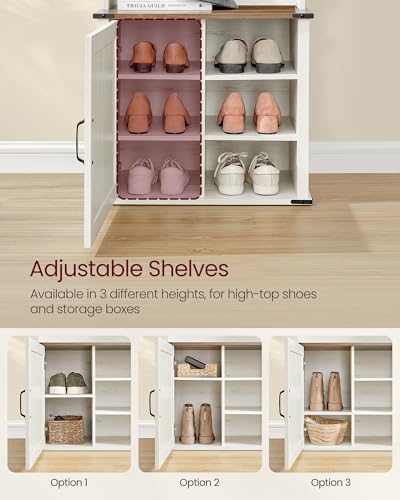 Image of VASAGLE Hall Tree with Bench and Shoe Storage, Coat Rack with Shoe Bench, Entryway Furniture, 3 Tri-Hooks, Door with Handle, Farmhouse Style, Space Saving, Rustic White and Honey Brown UHSR441W01V1