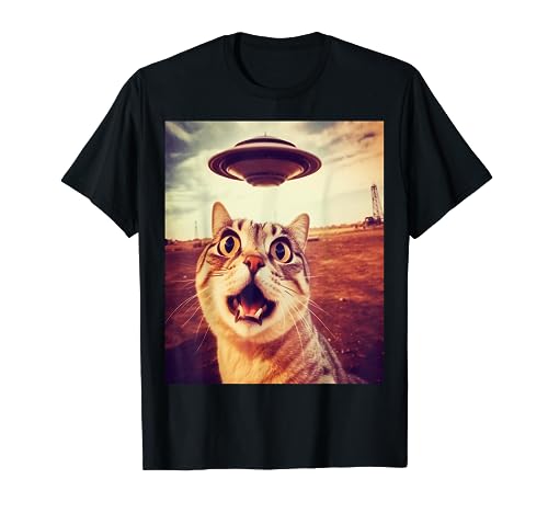 Cat Selfie with UFOs Alien Extraterrestrial UFO Believer cat Camiseta