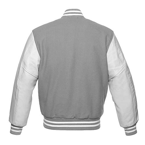 Varsity Jacket Baseball Letterman Bomber School Collage Light Grey Wool and Genuine White Leather Sleeves2