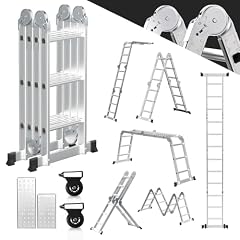 Ansobea Scala multiuso in alluminio, 3,6 m, 4 x 3 gradini, scala multifunzione con piattaforma, scala in alluminio con 2 piastre, scala pieghevole 16 gradini, scala a pioli fino a 150 kg, scala
