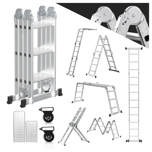 Fiqops Escalera multiusos 4x3, 360 cm, 7 en 1, de aluminio, con 2 plataformas y 2 ruedas de transporte de hasta 150 kg, escalera plegable, combinada, de apoyo, telescópica y multifuncional