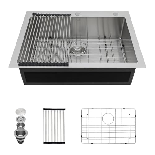 Image of Kichae 30 Inch Drop In Kitchen Sink - Stainless Steel Kitchen Sinks with Wide Lip 30x22x9 Inch Drop In Topmount Overmount Single Bowl Handmade Basin