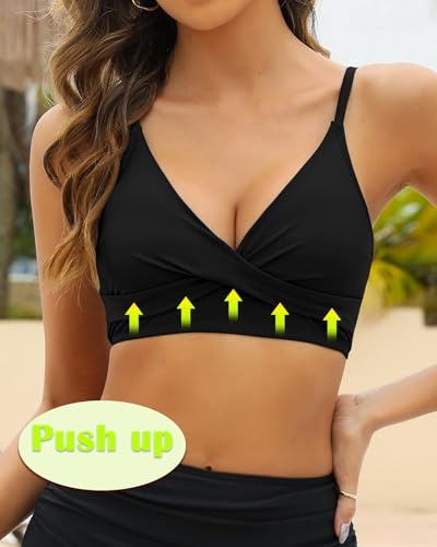 Women's Twist Front V Neck Bikini Top Padded Adjustable Spaghetti Straps Bathing Suit Tops Only2