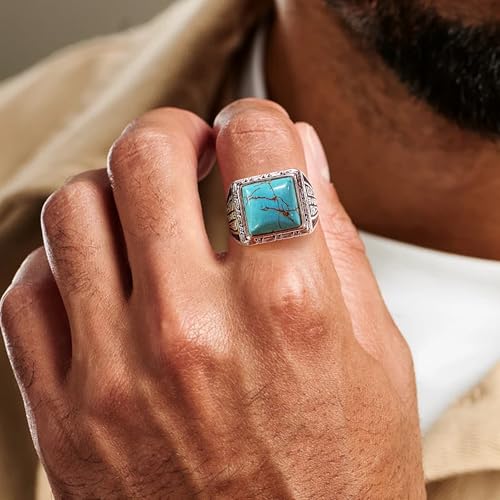 Genuine Square Turquoise Rings for Men 925 Sterling Silver 11MM Natural Real Gemstone Ring Vintage Western Jewelry for Him Husband2
