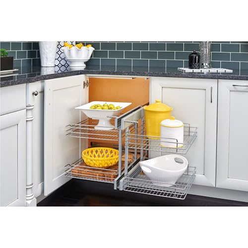 Image of Rev-A-Shelf Chrome Two-Tier Wire Bottom Pullout Organizer with Soft-Close for Blind Corner Base Kitchen Cabinets, Adjustable 4-Basket Storage System, Min Opening Width of 18 inch, 5PSP-18SC-CR