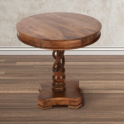 The Urban Port 30-Inch Handcrafted Round Mango Wood Dinette Dining Table, Artisanal Twisted Pedestal Base, Walnut Brown