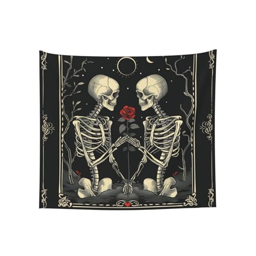 Tapisserie squelettes tarot et roses rouges, grand drap mural lavable pour chambre