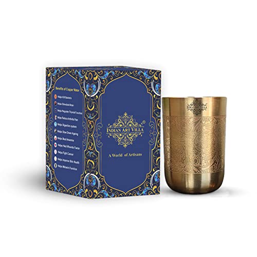 Indian Art Villa Pure Brass Glass Tumbler With Matt Finish Embossed Design, Serveware & Drinkware, Volume- 10 Oz