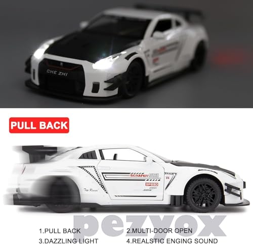 Image of 1 /24 Scale Compatible for Nissan GTR Model Car Toy, Zinc Alloy Pull Back Toy car with Sound and Light for Kids Boy Girl Gift (White)