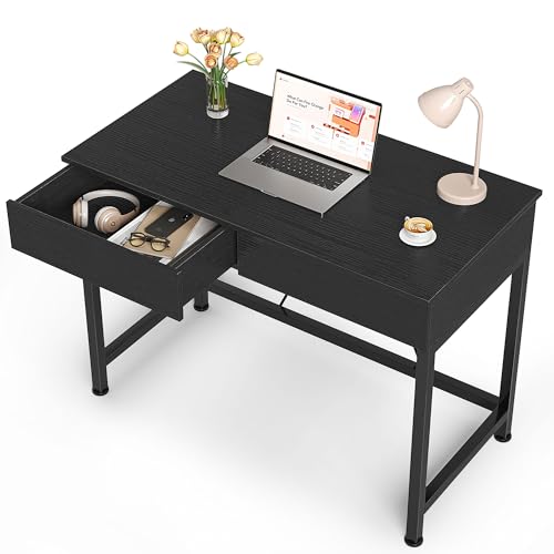 Mexin Small Black Desk with 2 Wooden Drawers, 40 Inch Home Office Writing Desk, Black Vanity Desk...