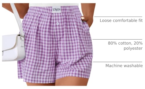 Image of LOMON Boxer Shorts for Women Summer Gingham Pajamas 2026 Lounge Sleep Pj Plaid Shorts Y2K Beach Bottoms with Pockets