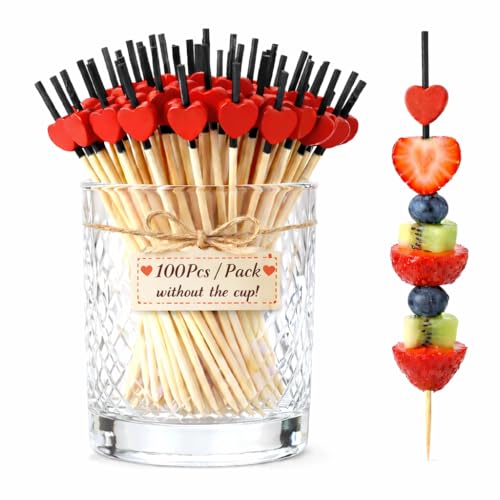 100pcs Red Heart Bamboo Cocktail Picks,4.7 Inch Valentine's Party Wedding Decoration Toothpicks for Appetizers,Fruit,Drinks,Dessert,Cocktail Garnish
