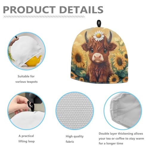 Image of Tea Cozy Sunflower Highland Cow Cute Print Cotton Insulated Tea Cozies for Teapot Keep Warm Kettle Dust Cover Kitchen Accessories