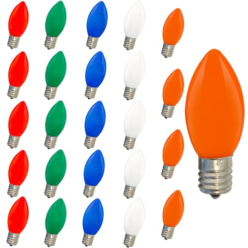 Romasaty 25 Pack C9 Replacement Bulbs C9 Ceramic Multi-Color String Lights Replacement Bulbs, C9/E17 Candelabra Base, 7 Watt