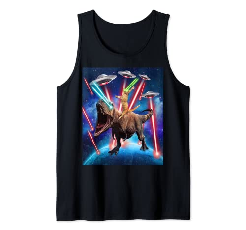 Space Cat Riding Dinosaur T rex Laser Eyes UFO Funny Cat Camiseta sin Mangas