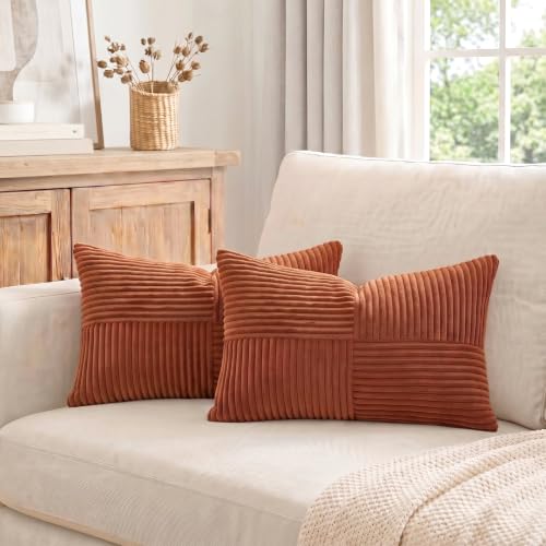 Image of Fancy Homi 2 Packs Rust Lumbar Decorative Throw Pillow Covers 14x24 Inch for Couch Bed Sofa, Rustic Farmhouse Boho Home Decor, Soft Striped Corduroy Rectangle Accent Terracotta Cushion Case 35x60 cm