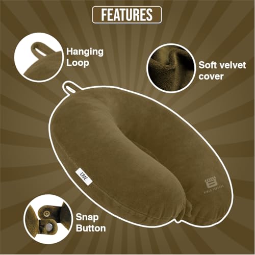 Image of CRAE Soft Fibre Filled Neck Pillow for Car, Train, Flight Travel, Neck Support Rest Pillow with Attachable Snap Strap | Pack of 1 | Tan Brown