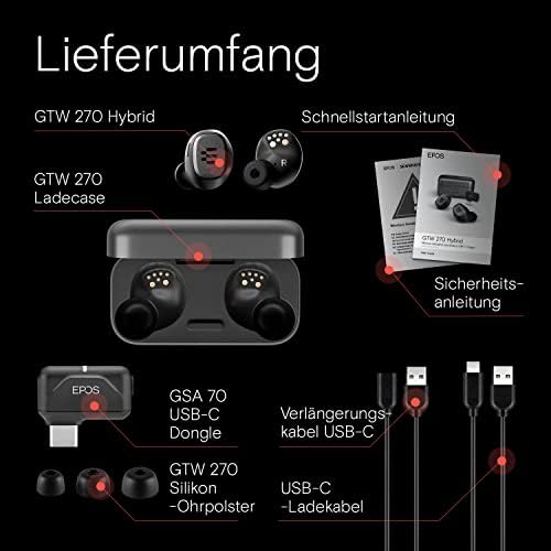 EPOS GTW 270 Wireless Hybrid Gaming Bluetooth In-Ear Headphones, USB-C Dongle, Noise Reducing, Closed Design, Dual Microphones, Ergonomic, IPX 5 Waterproof, Charger, 20 h Playtime