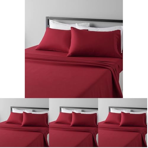 Image of Amazon Basics Lightweight Super Soft Easy Care Breathable Brushed Microfiber 4-Piece Bed Sheet Set with 14-Inch Deep Pockets,Wrinkle Resistant,Queen,Burgundy,Solid,(Pack of 4)