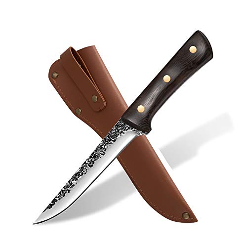 VICUNA 6 inch Straight Boning Knife with Leather Sheath Fillet Knife Kitchen Knives for Poultry and Fillet Fish Curved Flexible Blade for butcher beef Boning Filleting and Trimming