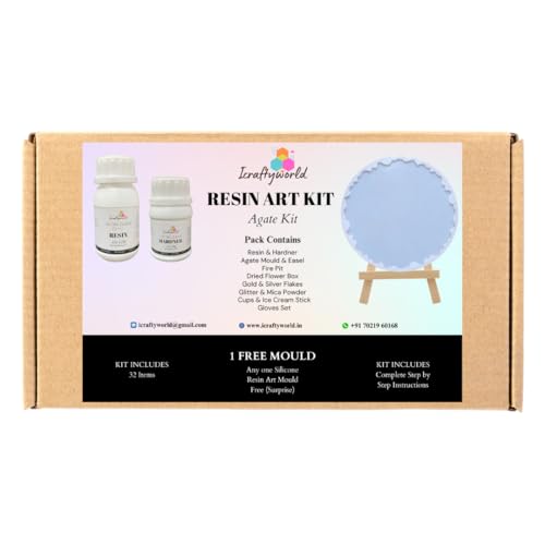 Image of ICRAFTYWORLD DIY Resin Kit Epoxy Resin Art Set Resin Agate Coaster Kit for Beginners with Pigment, Glitter, Wooden Easel & More 32 Items