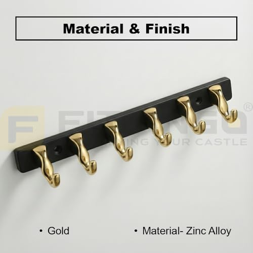 Image of 6 Hook Modern Bathroom Hooks for Hanging /Cloth Hooks for Door Back Side /Cloth Hanger for Wall (Gold with Black) Pack of 2-| 3 Years Warranty |