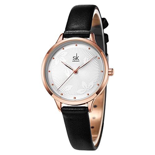 Montre pour femmes SHENGKE en cuir noir idéale pour le bureau et les sorties