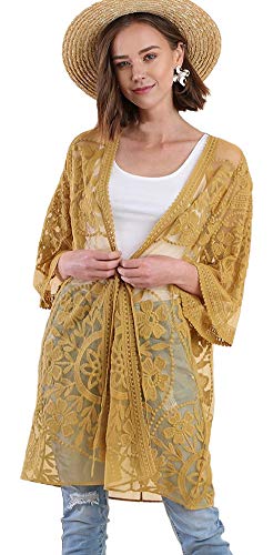 Umgee Oh Sweet Lace! Floral Lace Open Front Kimono With Waist Tie (Medium, Golden Kiwi) #TOP4