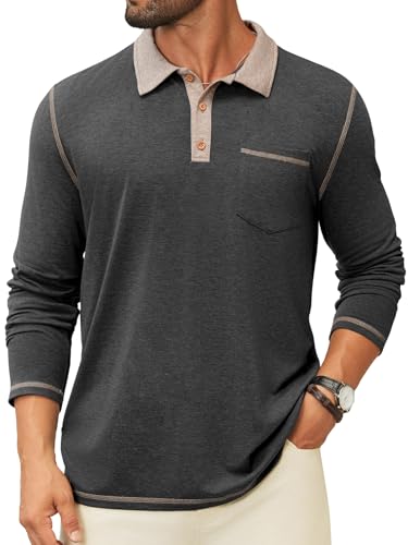 Hardaddy Men's Long Sleeve Casual Polo Shirts Collared Contrast Color Golf Shirt with Pocket