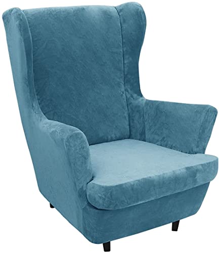 AQIGR Housse de Fauteuil à Oreilles Extensible 2-Pièces,Velours Couverture de Fauteuil avec Housse de Coussin Imprimé Housse De Canapé,Lavable Revêtement De Fauteuil (Color : Peacock Blue)