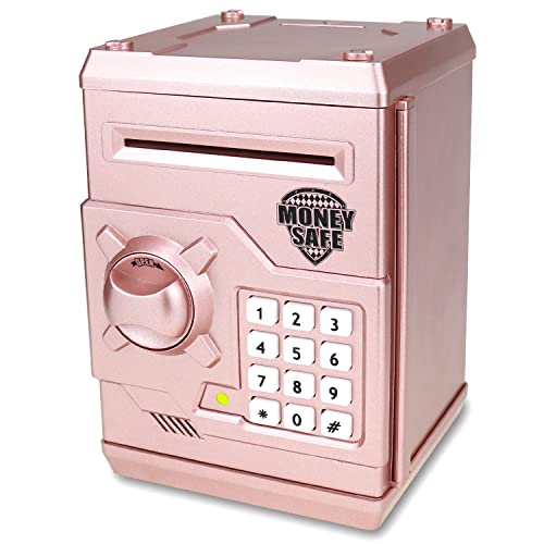 Qwifyu Piggy Bank for Boys Girls, 4 5 6 7 8 9 10 Year Old Girl Boy Birthday Gift Ideas, Electronic Password Money Saving Box ATM, Great Gift Safe Bank Toys for Kids (Rose Gold)