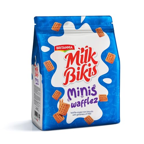 Britannia Milk Bikis Minis Wafflez Biscuits – Waffle-Style Mini Milk Cookies, Crunchy & Light Sweet Snack for Kids & Adults- 200g (7.05 oz)