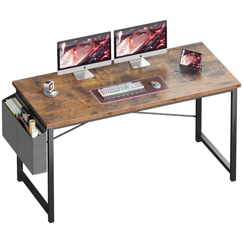 Image of OLIXIS Computer Desk, 55 Inch Gaming Desks for Home Office Small Spaces | Writing Study Craft Work Table, Computer Workstation for Bedroom with Storage Bag, Rustic Brown
