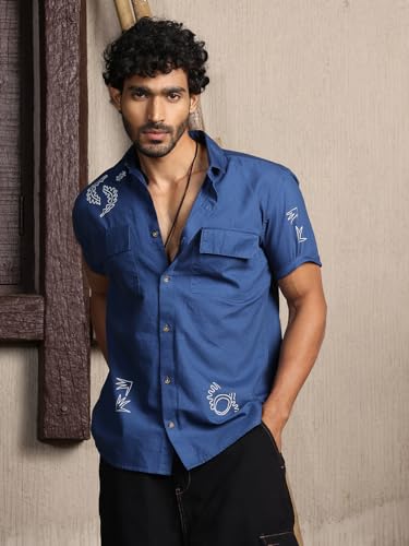 Image of Thomas Scott Men's | Embroidered Printed | Half Sleeve | Regular Fit | 100% Cotton | Double Pocket | Spread Collar | Casual Shirt