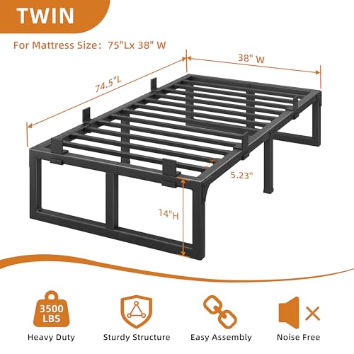 Image of 14 Inch Metal Twin Bed Frames with Stable Steel Support, Noise-Free | Easy Assembly, Underbed Storage, U-Shaped Groove, 6 Mattress Baffles, No Box Spring Needed, Rubber Pads, Squeak Free, Black