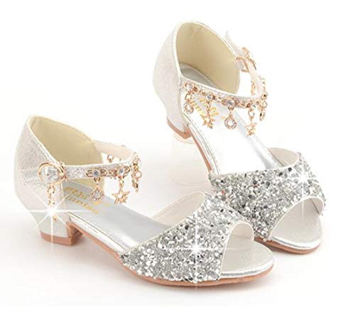 GOJERP Little Kids Girls Sandals Glitter Rhinestone Dress Pumps Sequins Princess Low Heels Party Dance Shoes (Silver, numeric_10)4