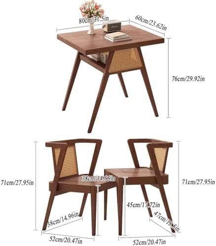 Walnut Bistro Rattan Dining Set - Solid Wood Square Table & 2 Stackable Chairs for Small Spaces, Modern Outdoor/Indoor Furniture, Perfect for Patio, Garden, and Dining Room