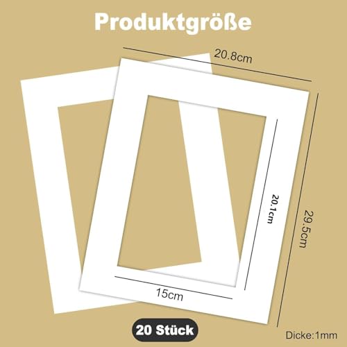 Buaak 20 Stück Passepartout Karton, Außengröße 20,8x29,5 cm (DIN A4) Innengröße 15x20.1 cm, Bilderrahmen a4 Weiss, Passepartout Nach Maß für Fotorahmen, Poster, Gemälde, Fotos, Art Prints