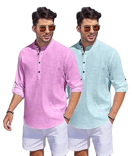 Image of Bellstone Men's Cotton Blend Straight Kurta Shirt Combo with Mandarin Collar - Slim Fit Casual Short Kurti Set Featuring Textured Slub Fabric and Roll-Up Full Sleeves