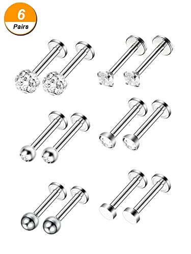 12pc Stainless Steel Nose Studs Tragus Bars Labret Bars Crystal Ball Body Piercing Jewelry, 6 Designs, 16 Gauge4