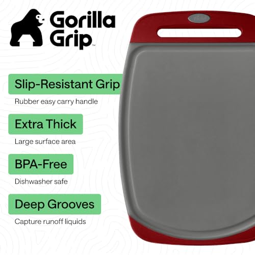 Image of GORILLA GRIP BPA-Free Reversible Kitchen Cutting Board Set of 3, US Designed, Nonporous, Juice Grooves Catch Liquid, Slip Resistant Border, Dishwasher Safe, Durable Large Food Chopping Boards,Gray Red