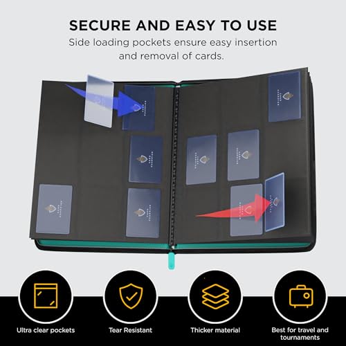 Image of Card Guardian - 9 Pocket Premium Black Binder with Zipper for 360 Cards - Side Loading Pockets for Trading Card Games TCG (Teal)