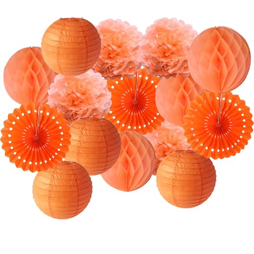 21 Stück Orange Pompon Dekoration, Papierlaternen Dekorationen,...