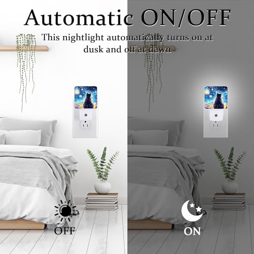 Image of Black Cat Night Light, Plug-into Wall Starry Night Nightlight Lamp with Dusk to Dawn Sensor, Led Lamp 0.5W Energy Efficient for Boys Girls Adults Home Decor